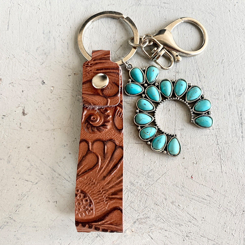 Llavero Retro Grabado Cuero Vacuno Estilo Western con Colgante de Flores de Calabaza Turquesa