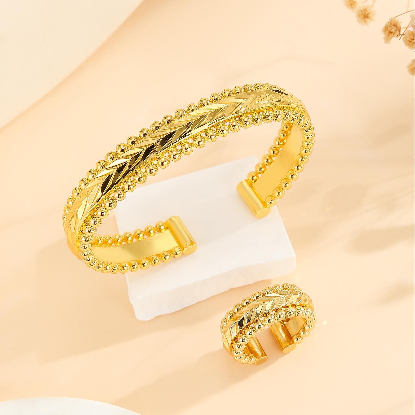 2 pulseras vintage chapadas en oro, brazalete abierto con anillo, conjunto de joyas para mujer para bodas y festivales