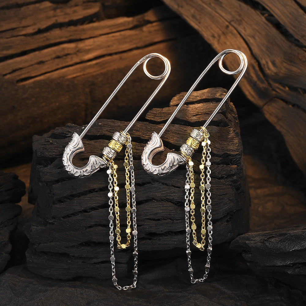 Pendientes de pin con patrón de hierba Tang de plata de ley S925