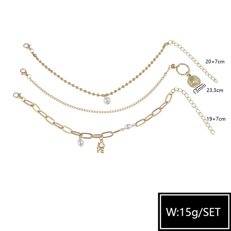 Armband Set Ins Design Nische Perle Liebe Münze Schmuck Damen 3-teiliges Set
