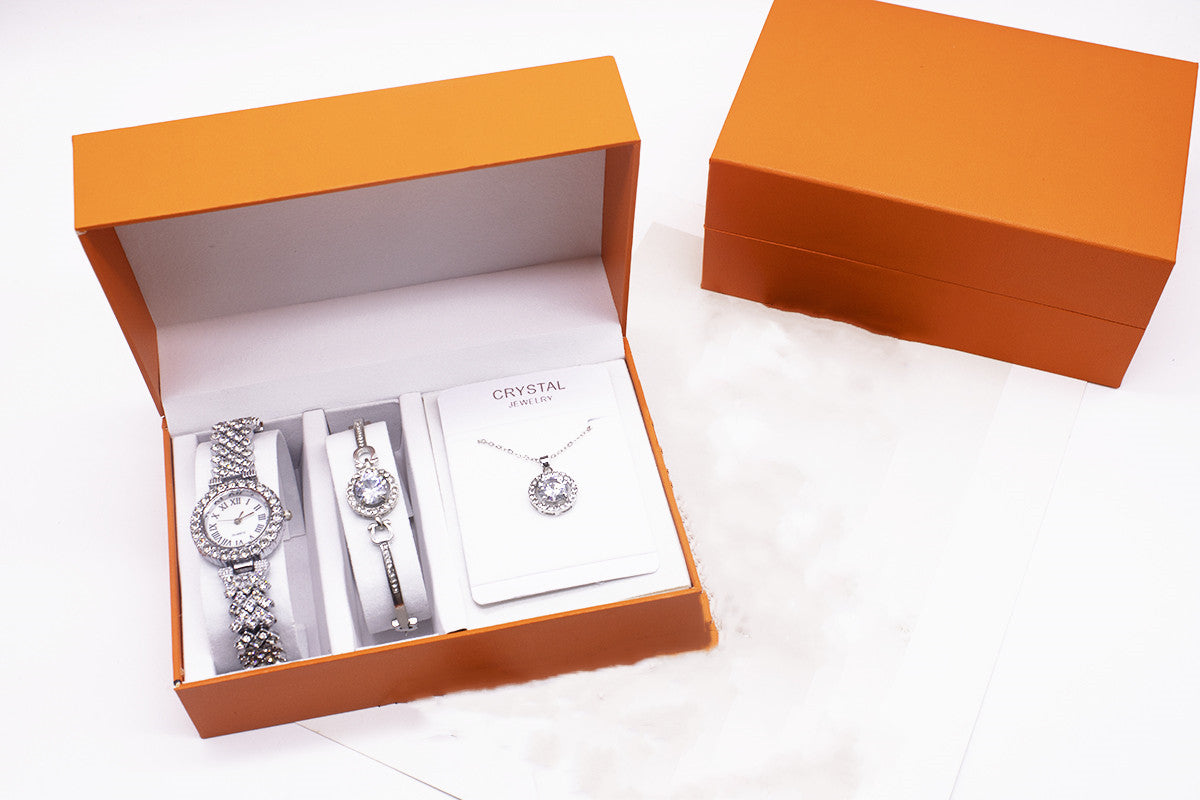 Juego de reloj de 3 piezas con pedrería, pulsera y collar