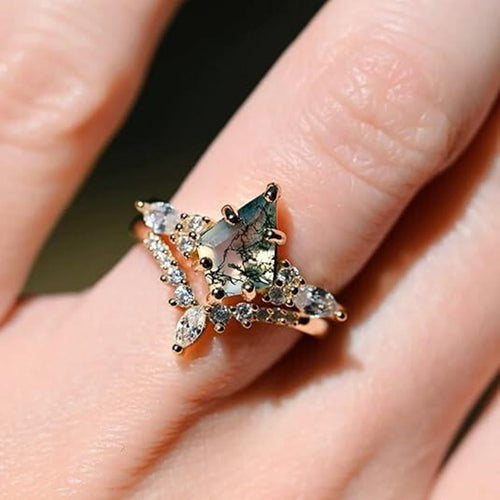 2 anillos de moda de ágata de piedra de musgo verde natural para mujer, joyería personalizada