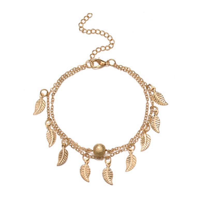 Frosted Round Beads, Small Leaves And Tassel Feet With Double-layer Anklets