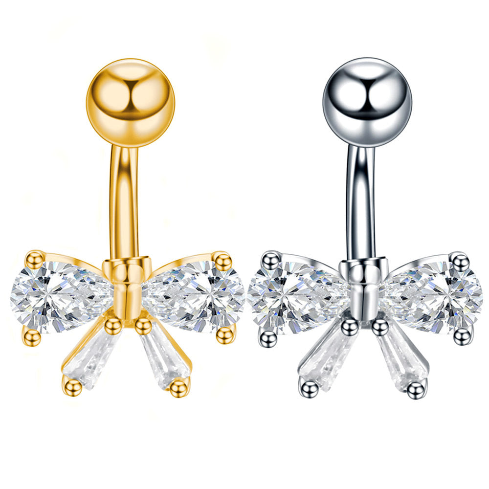 Pendiente de ombligo con incrustaciones de circón en forma de lazo, de acero inoxidable, para piercing corporal
