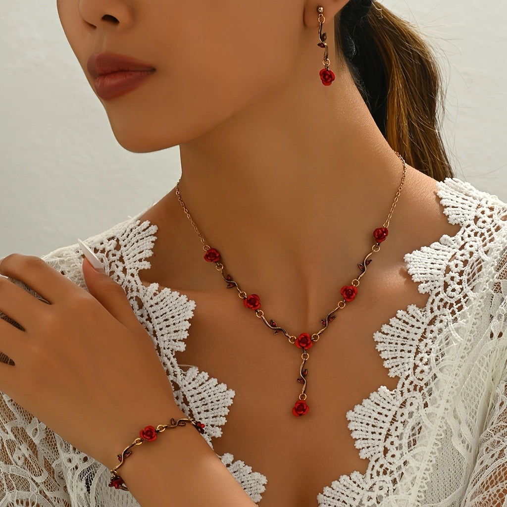 Lxalry Romantisches Rotes Rosen Schmuckset, Handgefertigte Galvanisierte Halskette, Armband & Ohrringe Trio, Brautgeschenk für Hochzeitselegant & Alltagsromantik