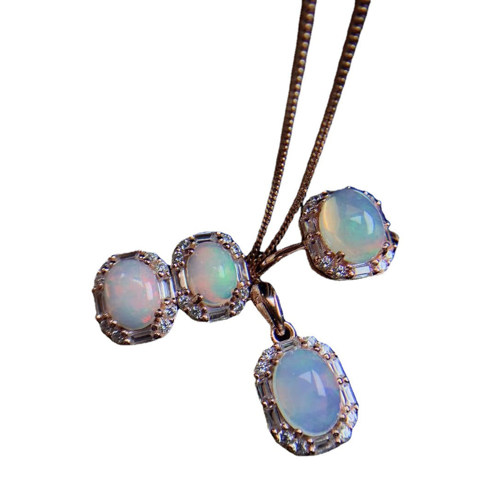 925 Plata Incrustada Ópalo Natural Conjunto Colgante Anillo Joyas Regalos Femeninos Para Novia Suministro en Vivo