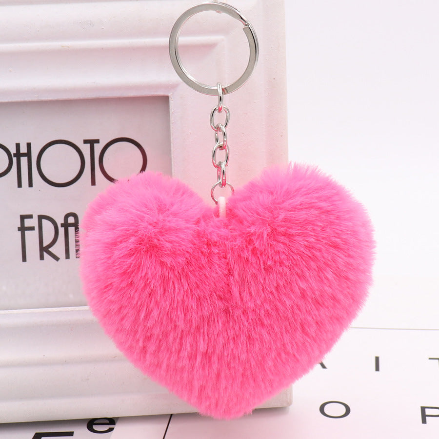 Llavero con pompón en forma de corazón, conejo Rex, de peluche, colgante para coche