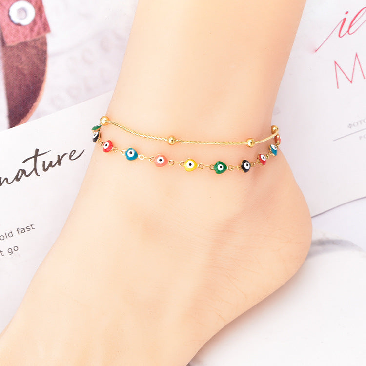 Tobillera de moda con cadena de doble capa y cuentas redondas de billar de colores