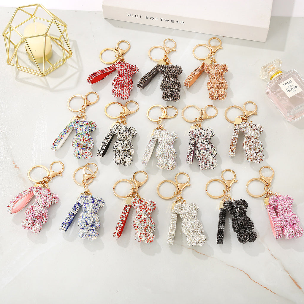 Llavero de oso de peluche con dibujos animados y diamantes de imitación para mujer