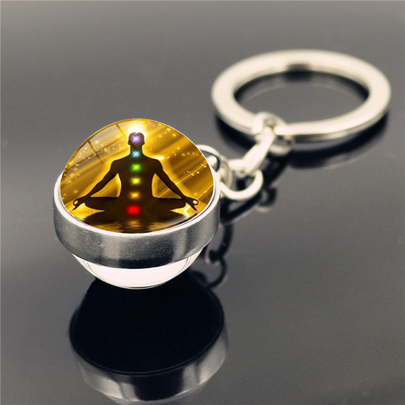 Nuevo Llavero con Colgante de Bola de Cristal de Doble Cara con Símbolo de Yoga