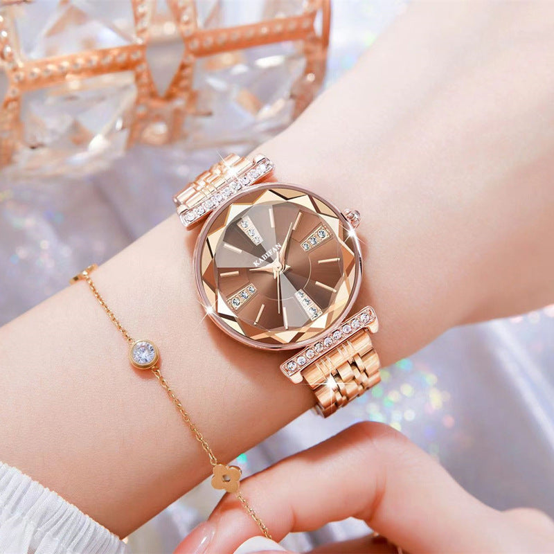 Reloj de acero para mujer impermeable con espejo y diamantes de moda