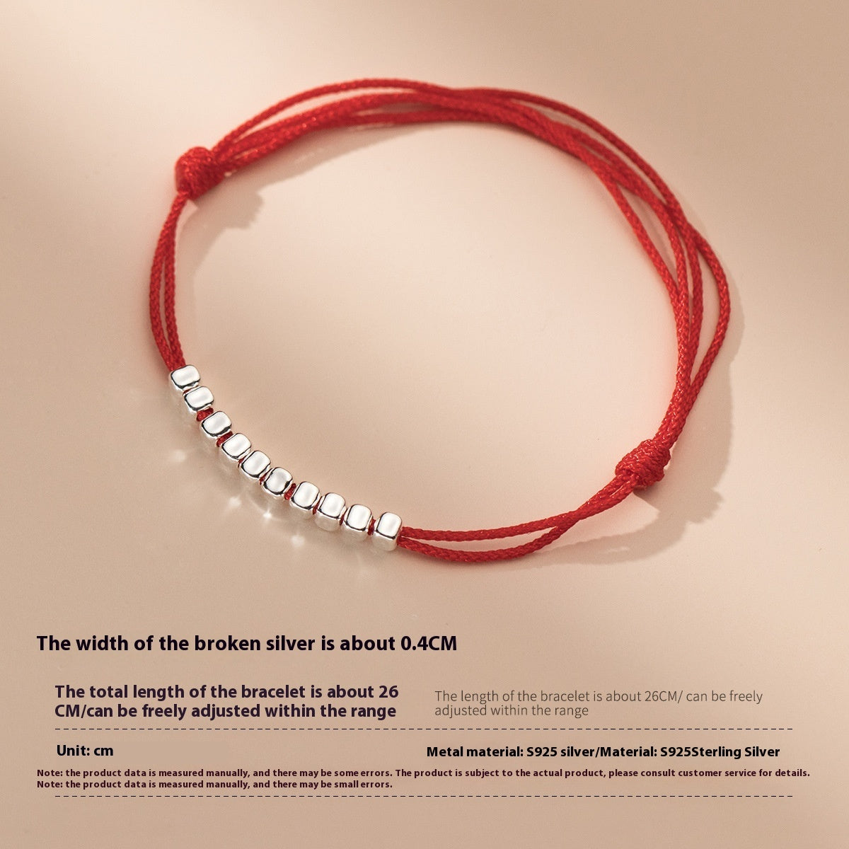 S925 Silver Simple 10 Square Sugar Particles Adjustable Red Rope Bracelet