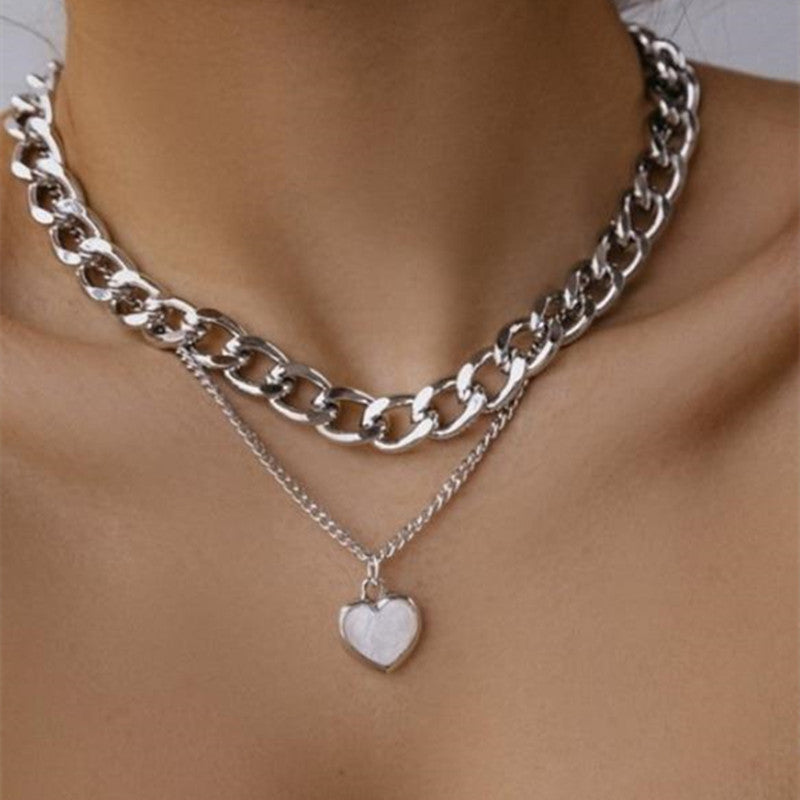 Women's Fashion Simple Double Layers Loving Heart Fritillary Pendant Necklace