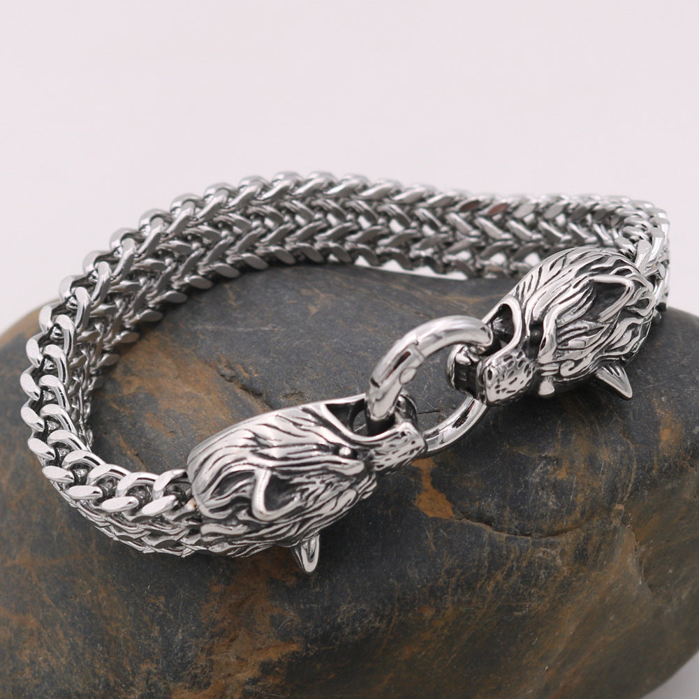 Edelstahl Wolfskopf-Armband Titanstahl-Doppelring-Armband für Herren