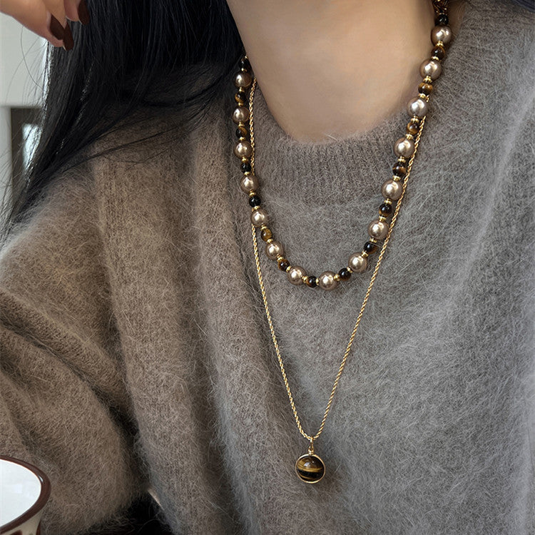 Braune Tigerauge Perlenkette Herbst Und Winter Leichte Luxus Nische Pulloverkette Damen Mode Schmuck