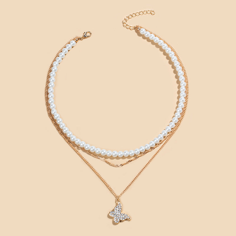 Exquisites Schmetterling Multi-Layer Perlen-Anhänger Halskette Set Damen glänzendes Temperament Freundin Party Geschenk Modeschmuck