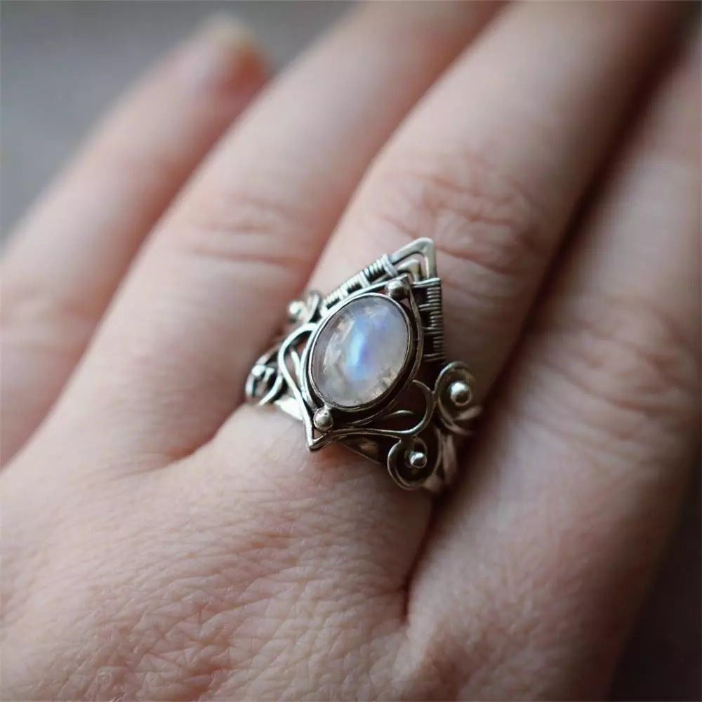 Anillos de cristal para mujer, bohemios, antiguos, indios, con piedra lunar, joyería fina para niñas