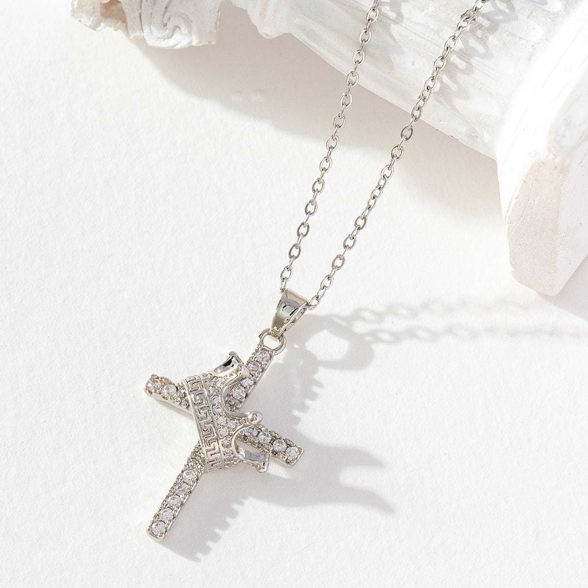 Crown Cross Clavicle Chain 18K Gold Zircon Pendant Necklace
