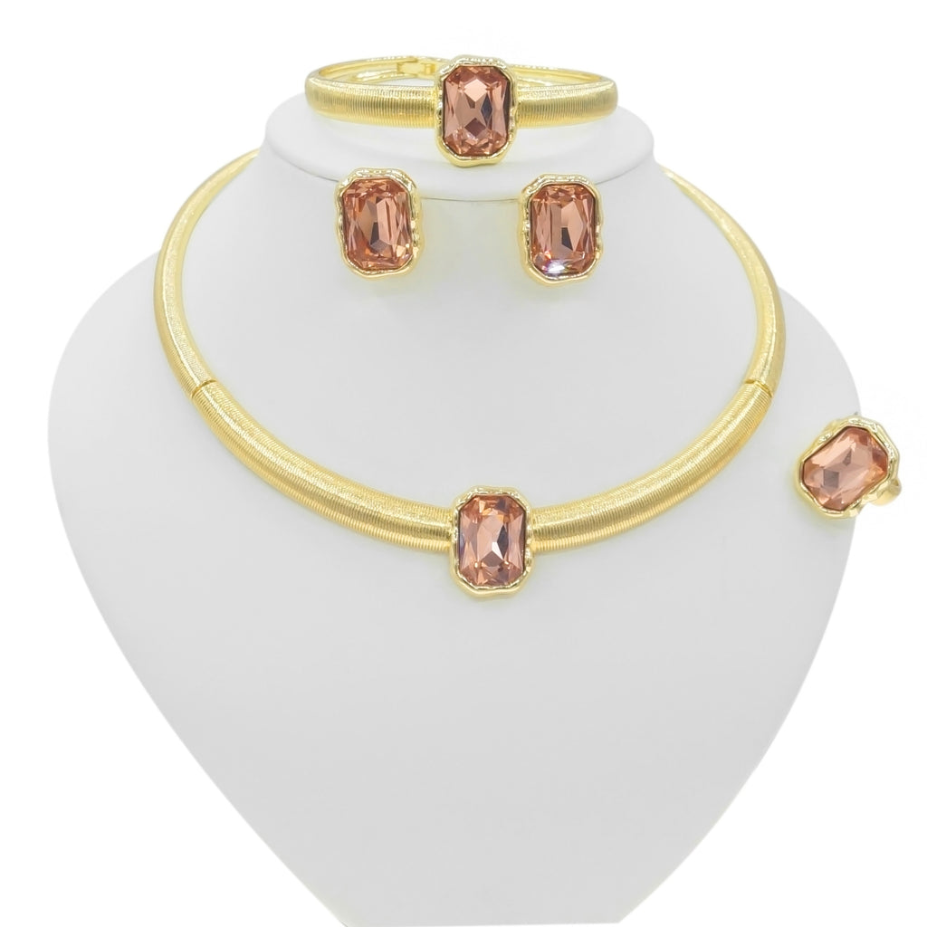 Farbblock-Halskette, Ohrringe, Armband, Ring, vierteiliges Schmuckset