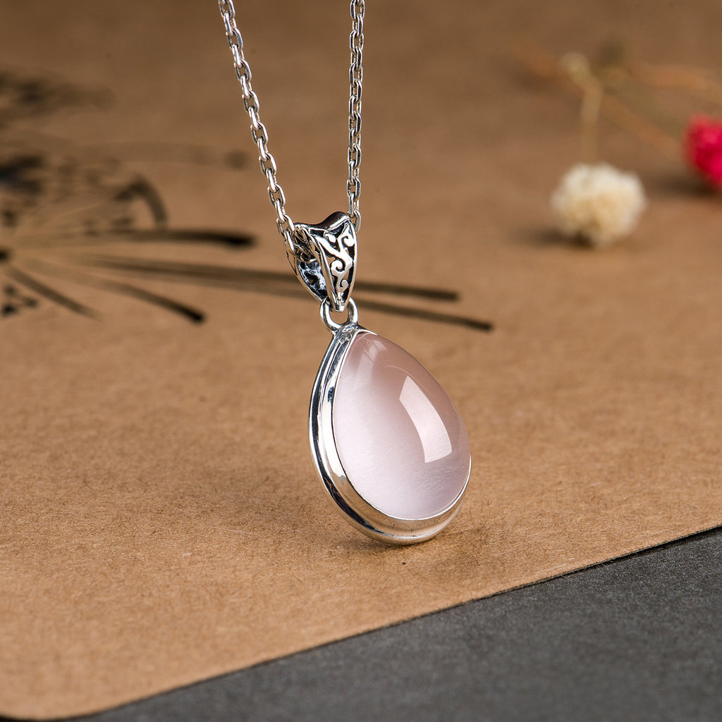 S925 Sterling Silber Puder-Kristall-Anhänger Halskette Damen Vielseitige Tropfenförmige Eis-ähnliche Rosenquarz Schlüsselbeinkette