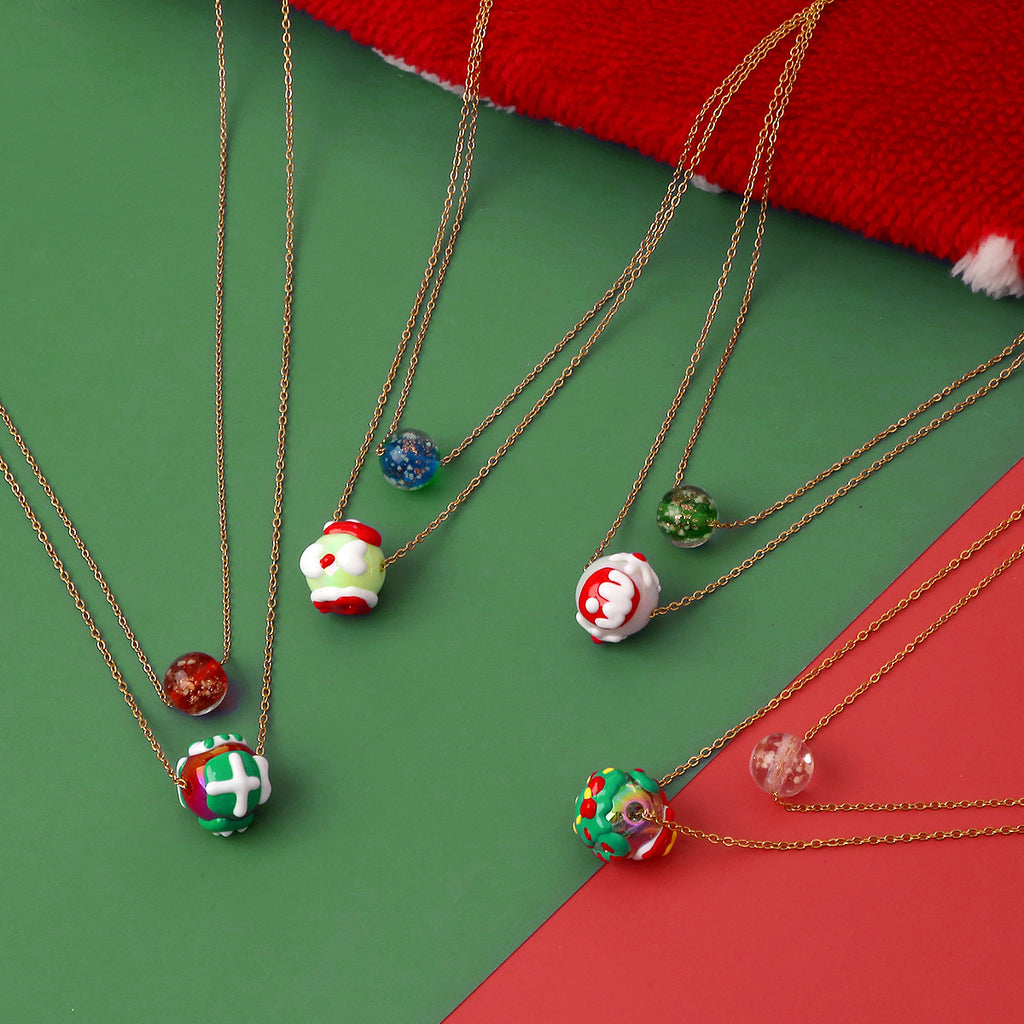 Weihnachts-Leucht-Halskette Mode Nische Weihnachtsbaum Weihnachtsmann Runde Perle Doppellagige Halskette für Damen Schmuck