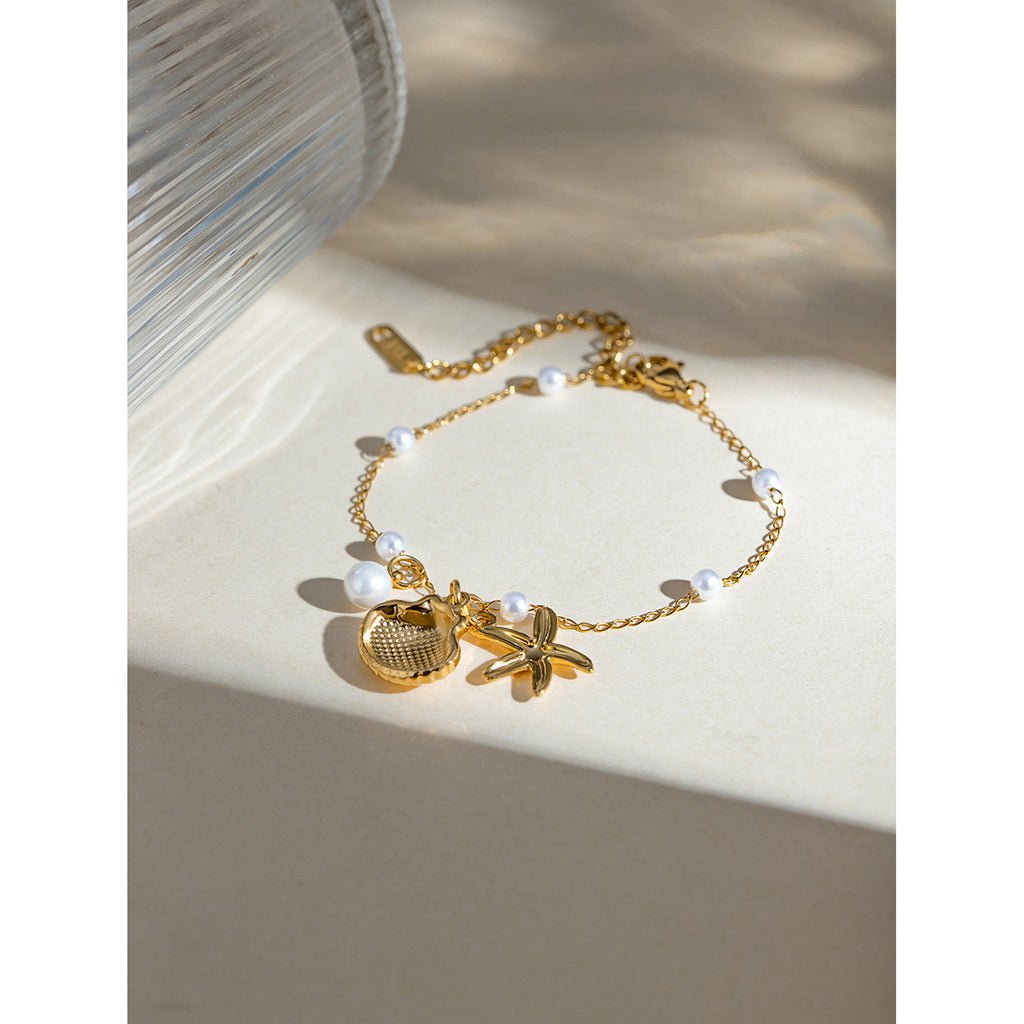 Modeschmuck 18K Gold Edelstahl Perlenkette Sommerurlaub Muschel Seestern Anhänger Armband