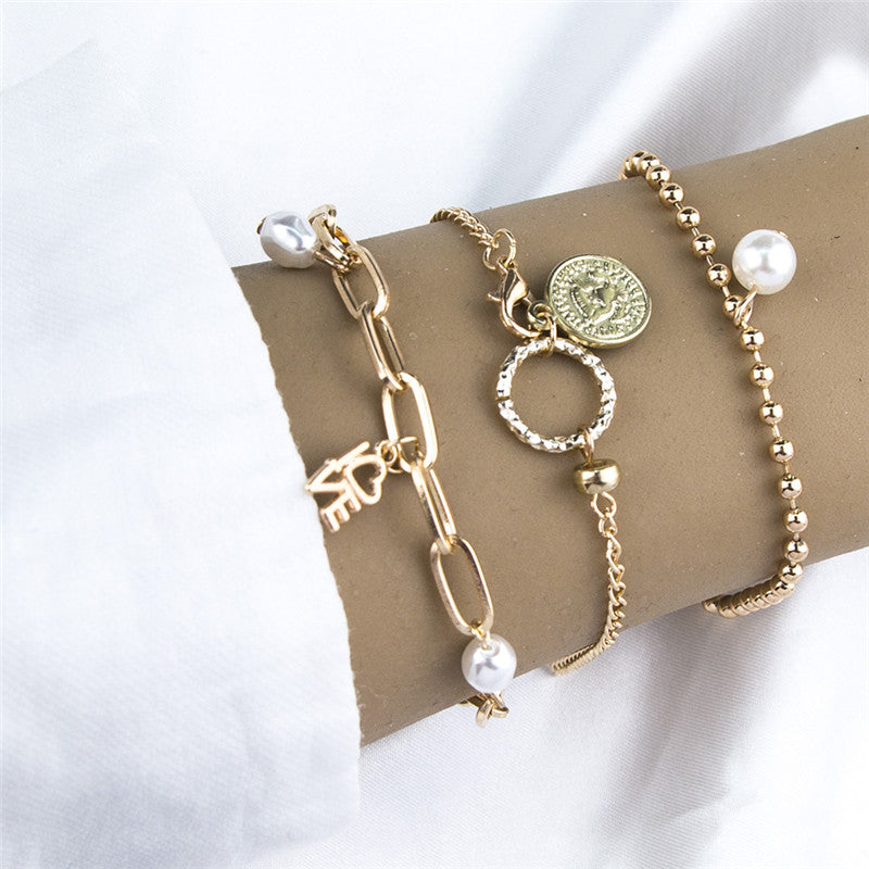 Armband Set Ins Design Nische Perle Liebe Münze Schmuck Damen 3-teiliges Set