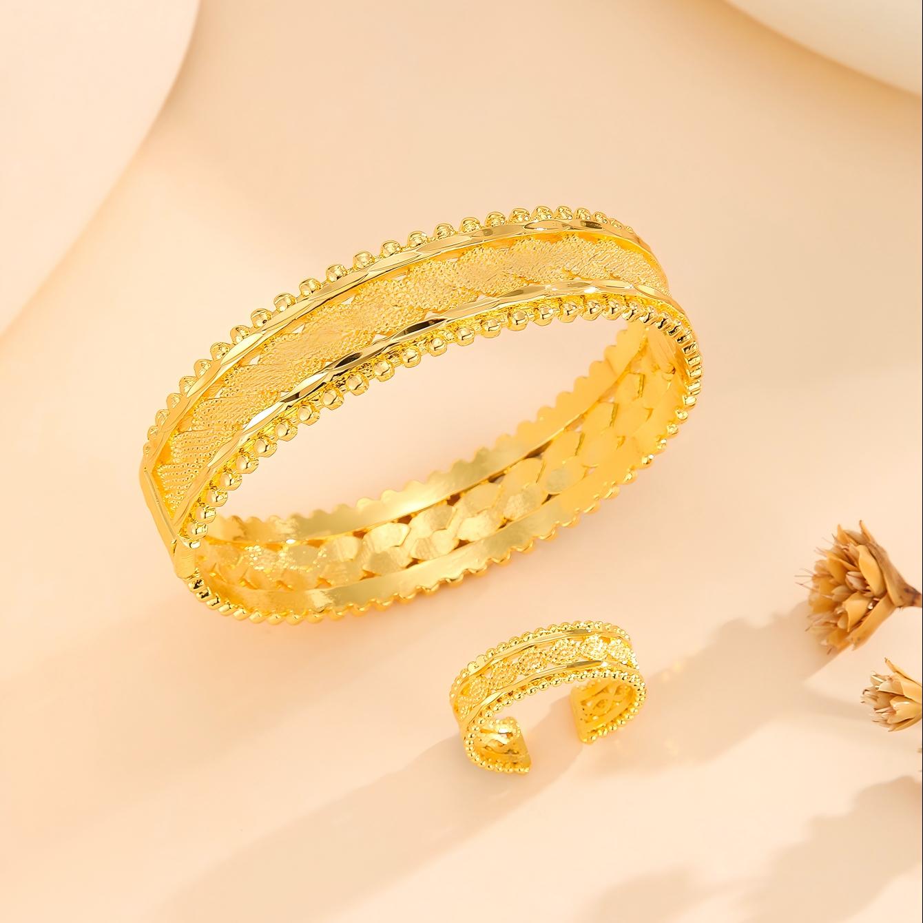 2 pulseras vintage chapadas en oro, brazalete abierto con anillo, conjunto de joyas para mujer para bodas y festivales
