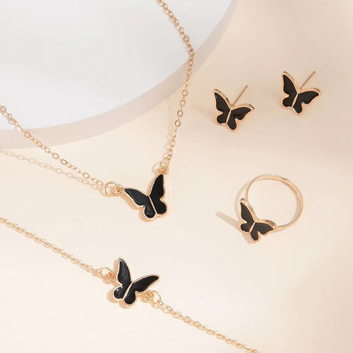 5tlg. Mode Schmetterling Anhänger Halskette Ohrringe Ring Armband Sets für Damen Schmuckset Brautschmuck Geschenk