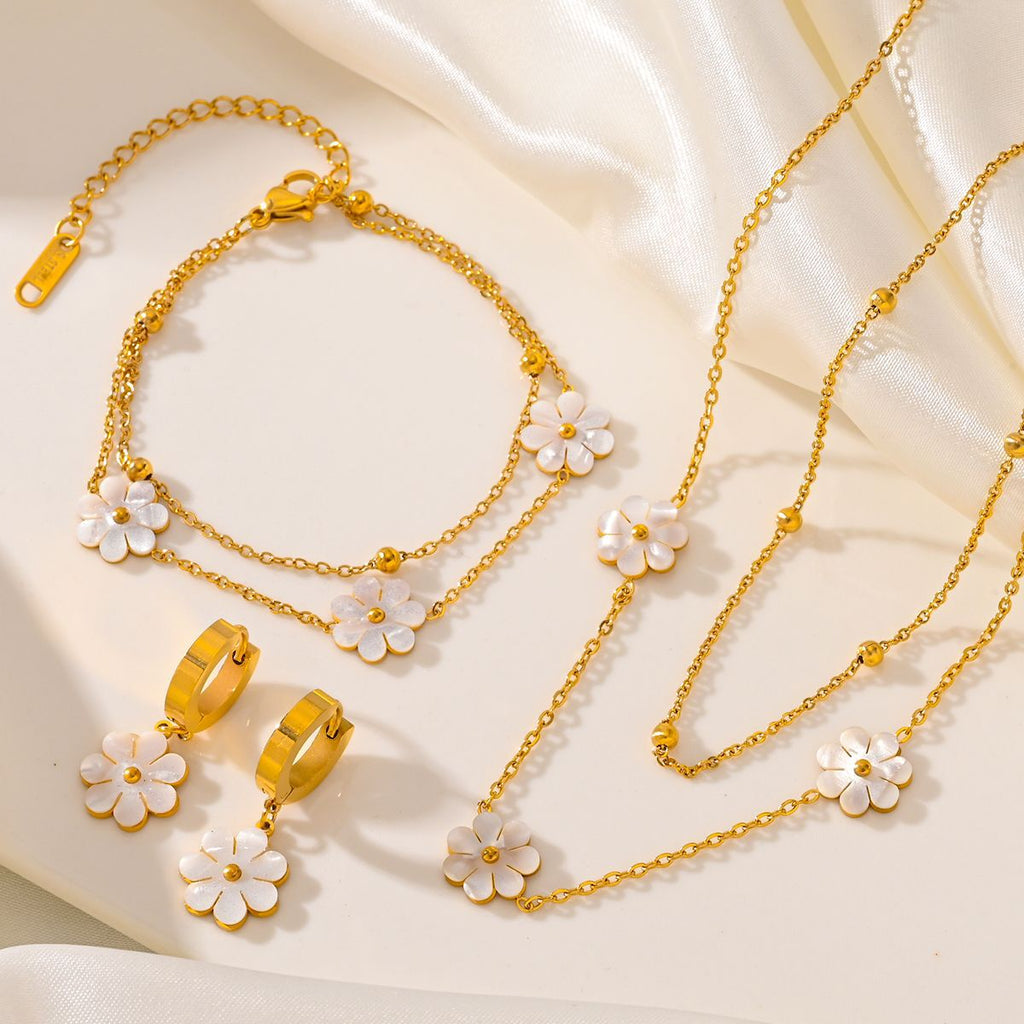 Modeschmuck Edelstahl Blumen Gänseblümchen-Halskette Doppellagige Halskette Ohrringe Schmuckset