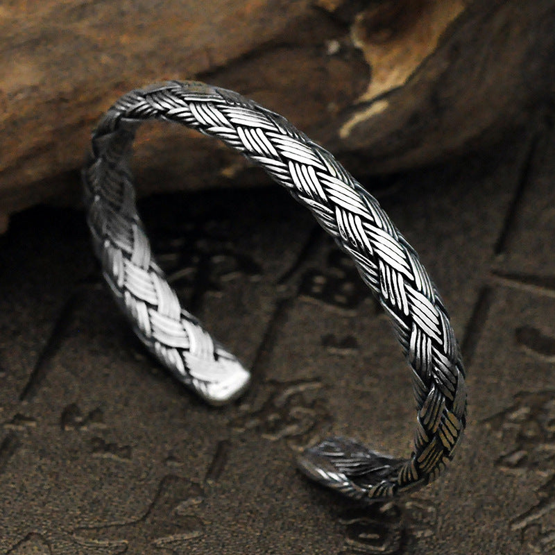 Pulsera vintage de plata tejida a mano para hombre y mujer