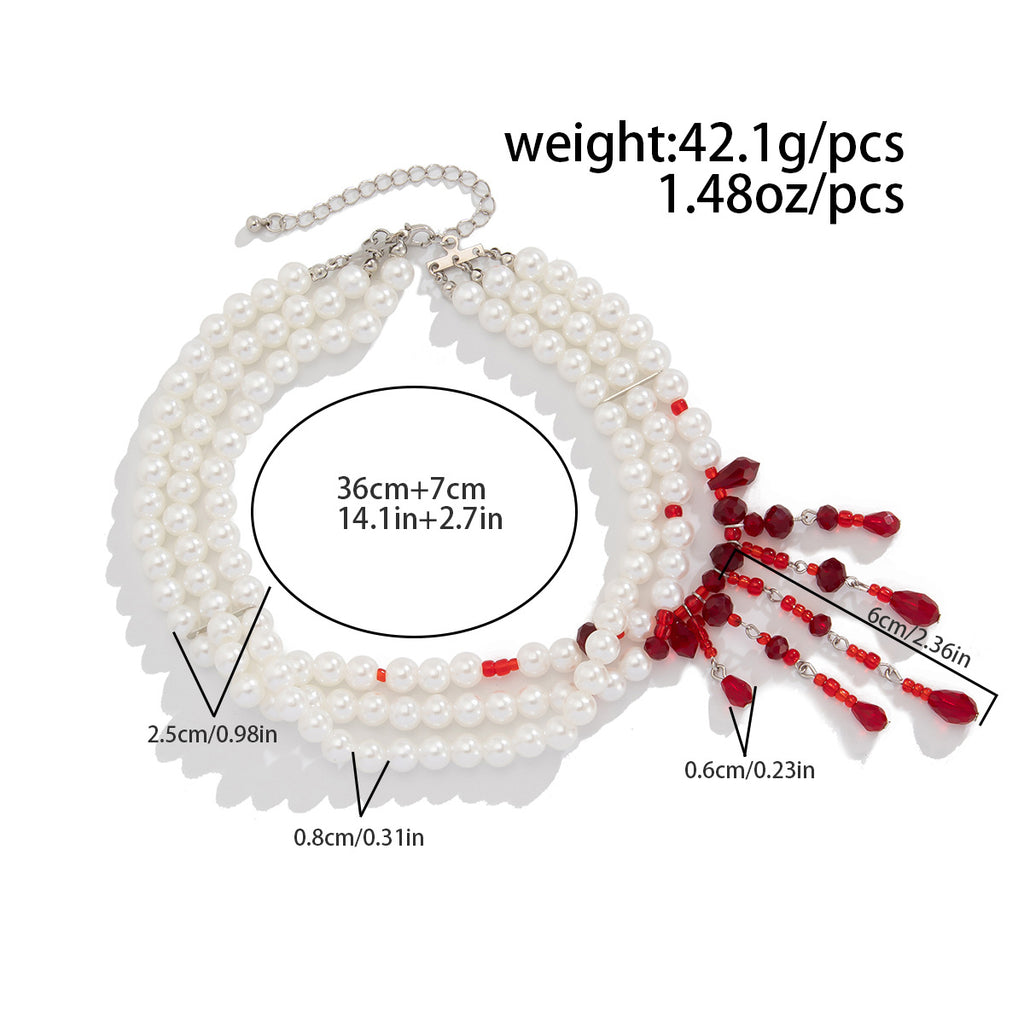 Halloween Blood Drop Tassel Pearl Crystal Necklace