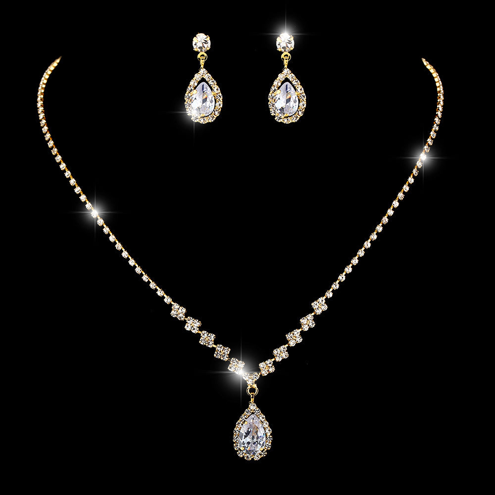Juego de joyas de collar y aretes de gota de agua de circón con diamantes completos brillantes