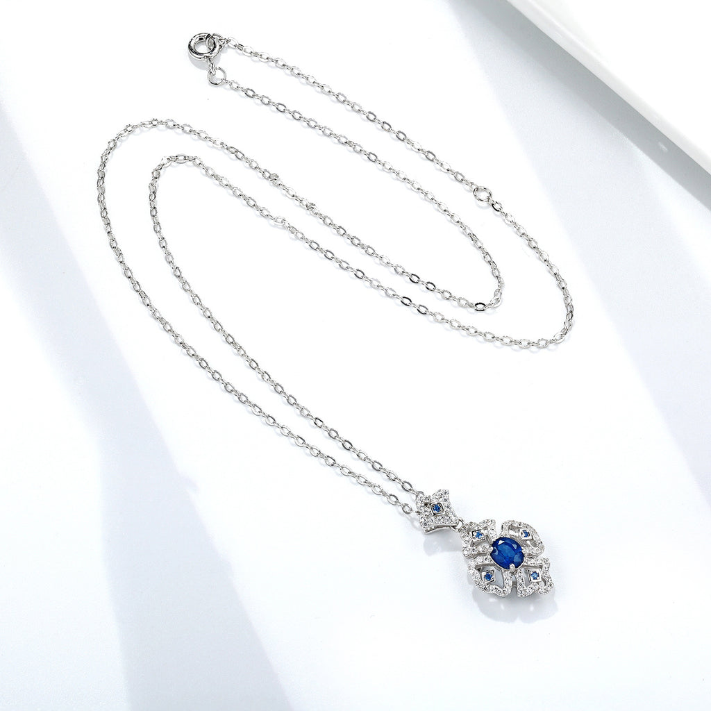 S925 Silber Retro Muster Halskette Damen Vielseitiger Natur Saphir Anhänger
