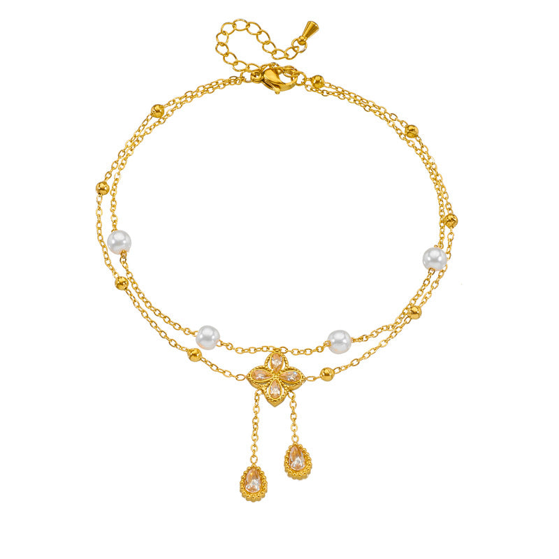 Tobillera de perlas con flor de diamante y doble capa de diamantes gemelos a la moda