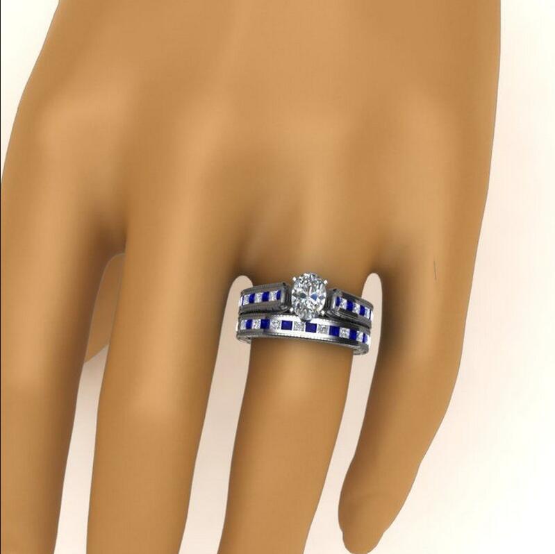 Anillos de pareja de diamantes blancos y azules para mujer