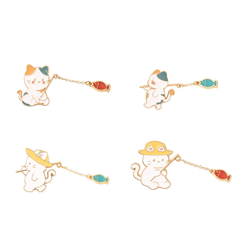 Bonito Broche de Insignia de Gato de Dibujos Animados Estilo Pescador
