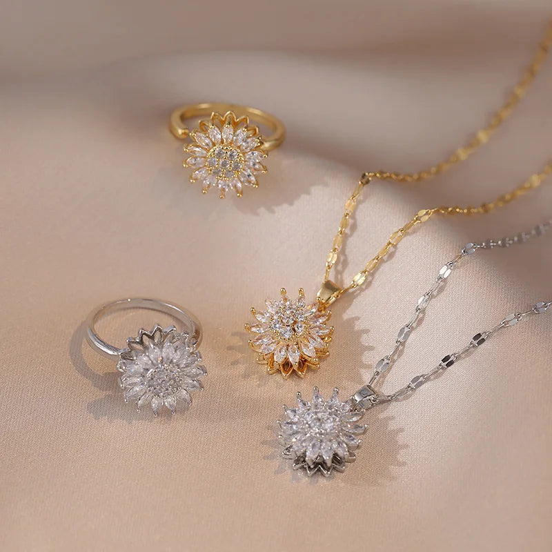 Klassischer Charme Sonnenblume Blume Edelstahl Halskette Ohrringe Mode Exquisiter Mikro-Samen Schmuck Ring