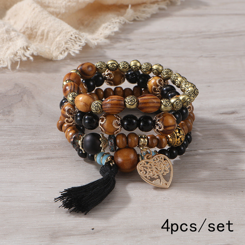 Pulsera Bohemia de Cuentas de Madera de Múltiples Capas