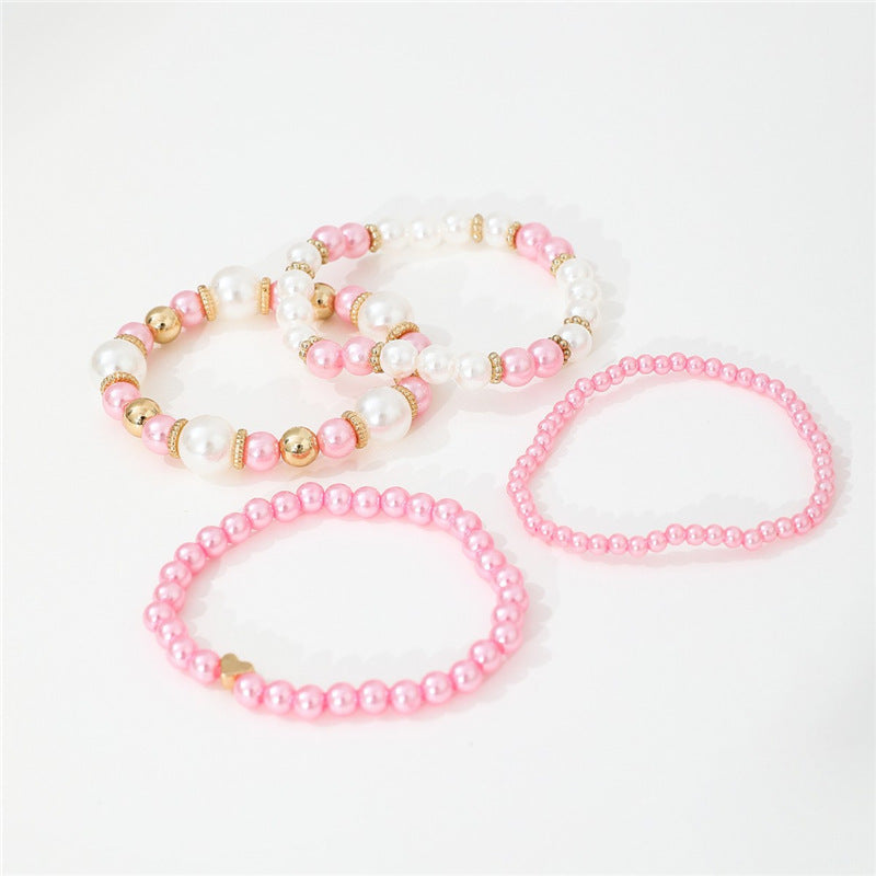 4pcs Set Simple White Faux Pearls Beads Beaded Heart Temperament Bracelet Set Elegant Handmade Hand String Jewelry Accessory