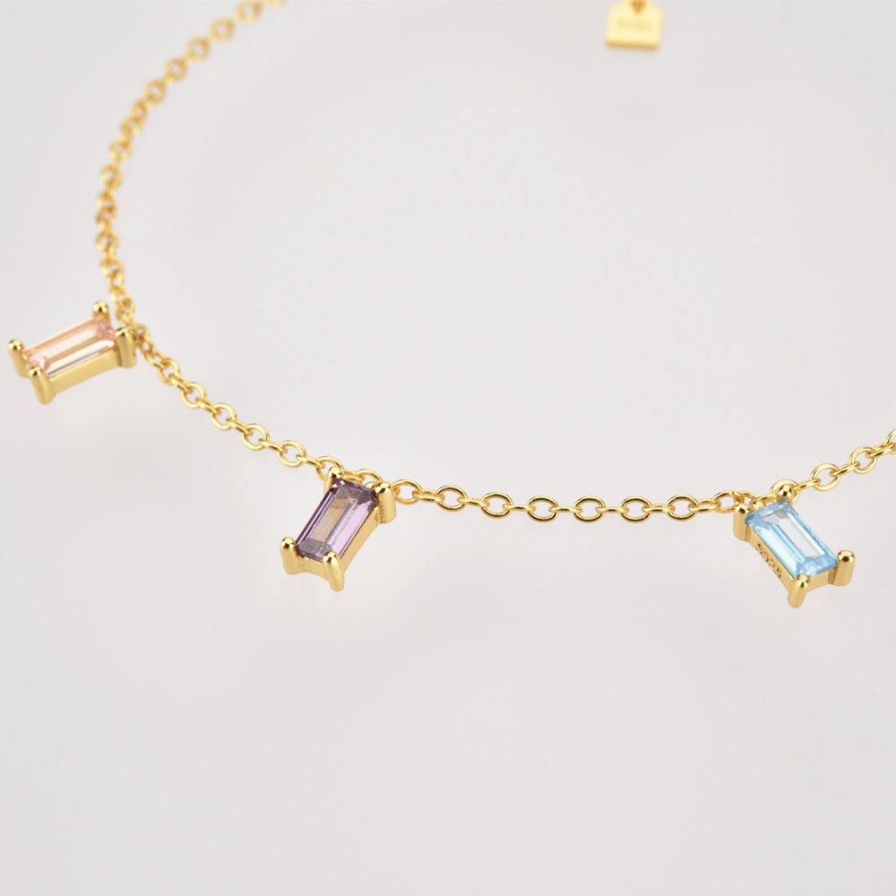 Simple Color 3 Square Stone Rainbow Sterling Silver Bracelet