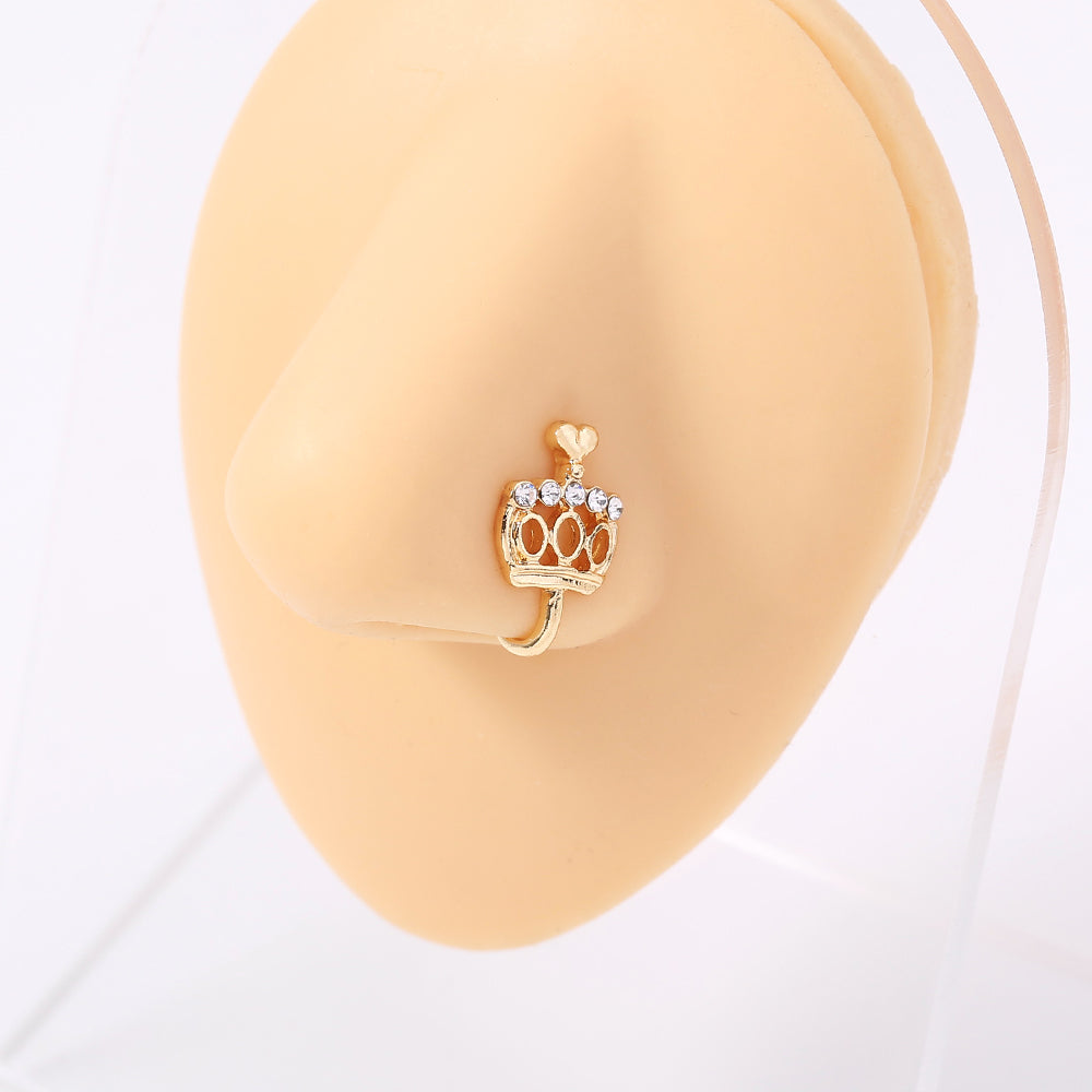 Anillo de nariz falso con diseño de corona de corazón minilindo y corona dorada