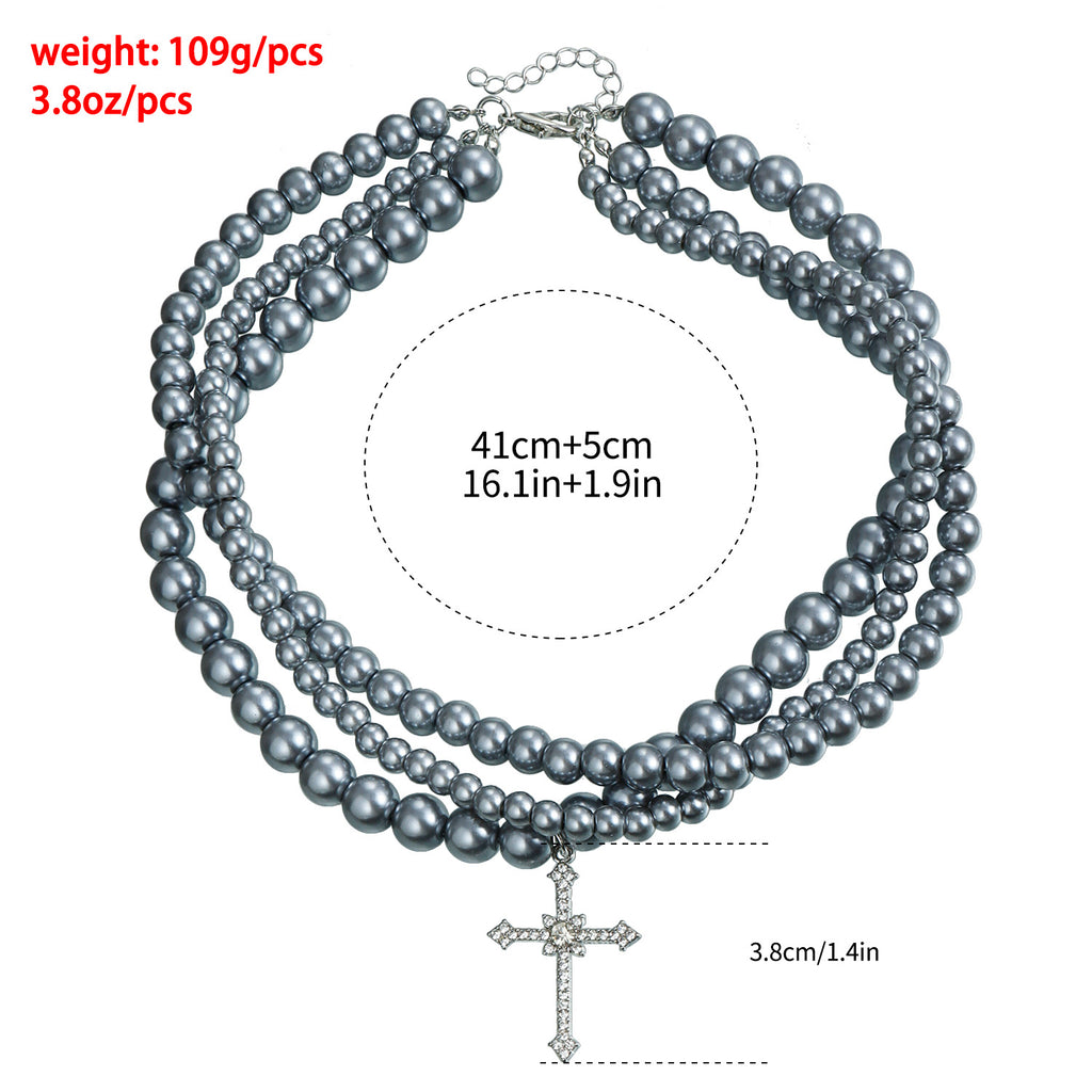 Collar de clavícula con cuentas de vidrio pintadas, cruz de diamantes y capas múltiples