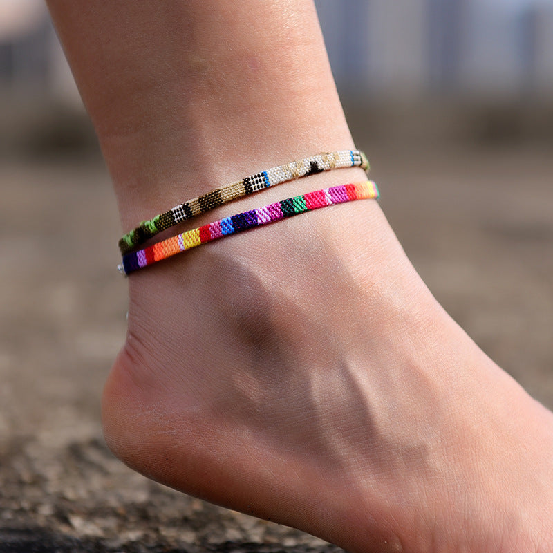 Pulsera de tobillo bohemia de cadena, de hilo, hecha a mano