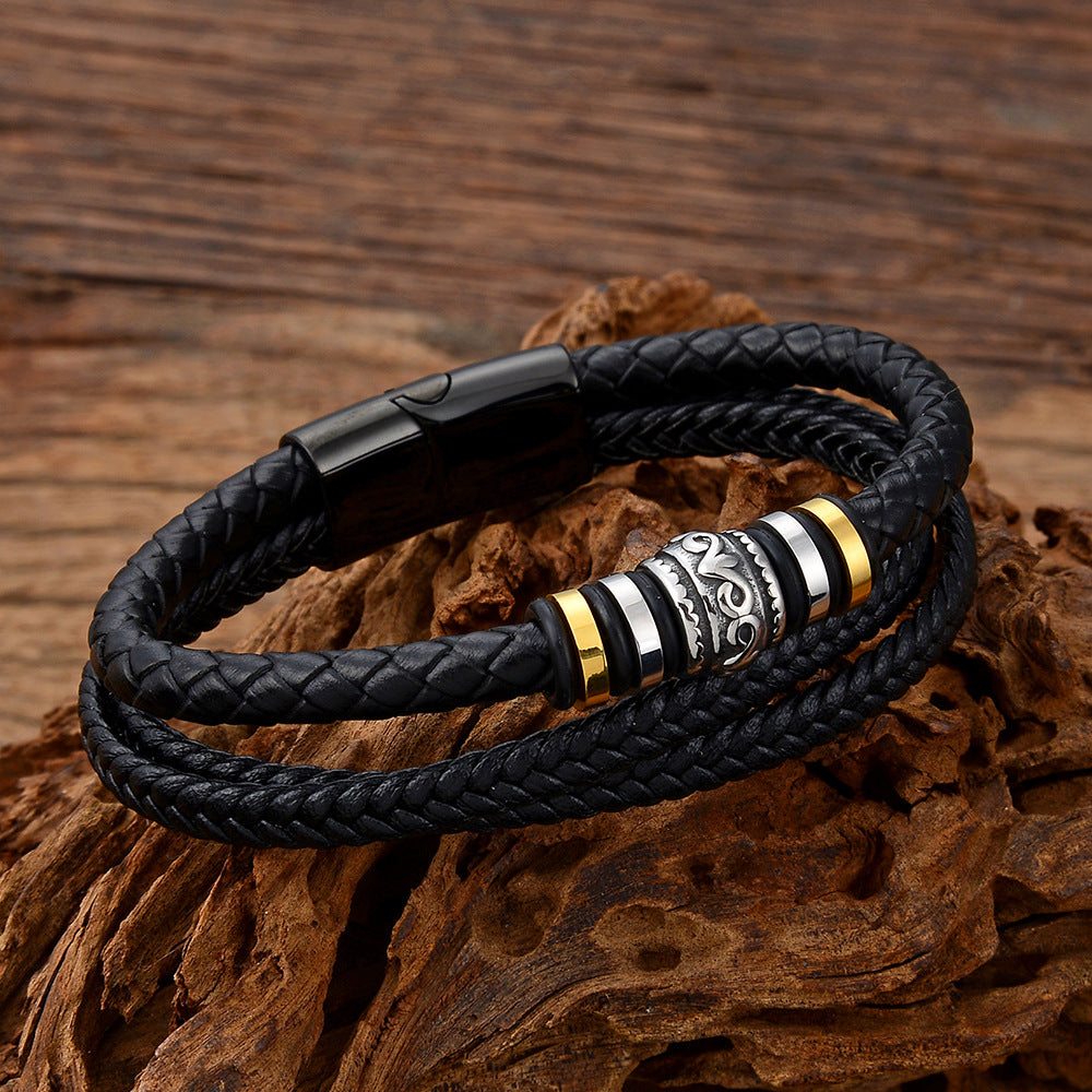 Pulsera de cuero DIY multicapa de acero inoxidable para hombre