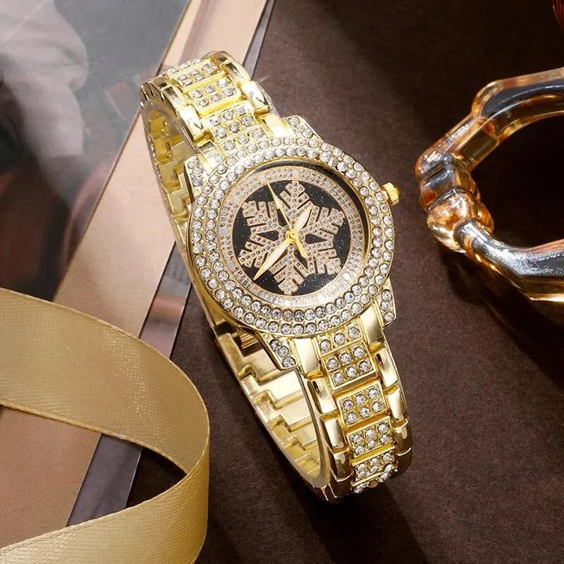 Reloj con diseño de copo de nieve, joyería de lujo con diamantes de imitación, juego de cinco piezas