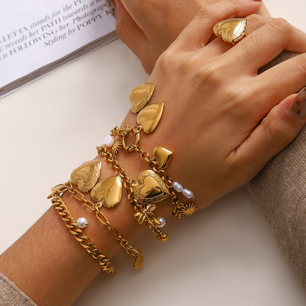 Pulsera de Cadena de Amor Pulsera de Moda de Acero de Titanio con Perlas y Lazo