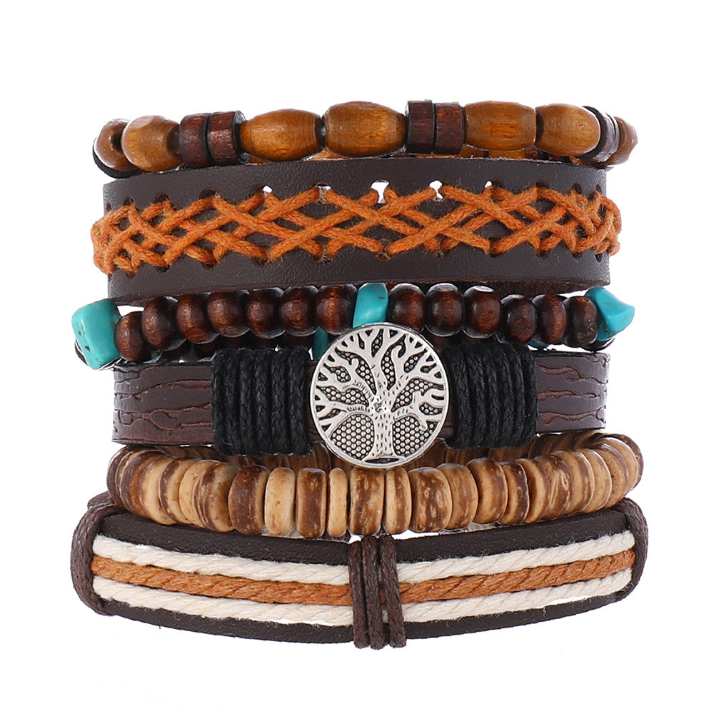 European And American Men's Vintage Weave Multi-layer Leather Bracelet Lucky Tree Series Six-piece Set