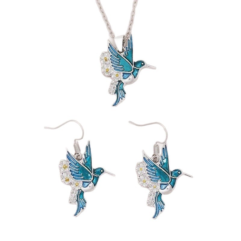Juego de collar con colgante de colibrí y pendientes