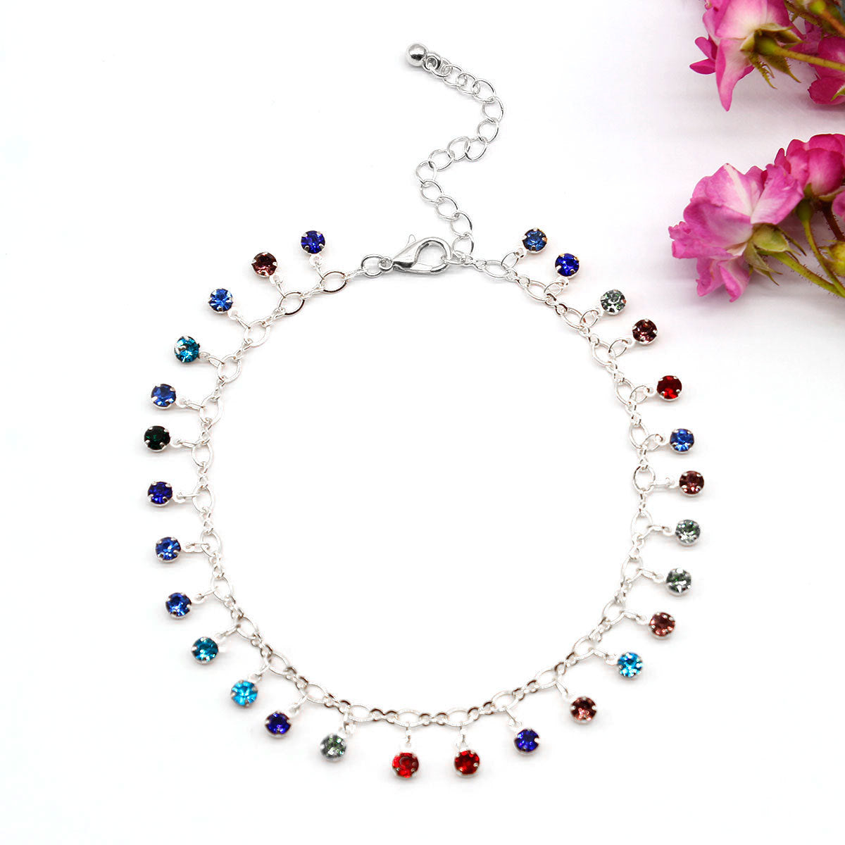 Tobillera de cadena con microincrustaciones de diamantes de colores para mujer